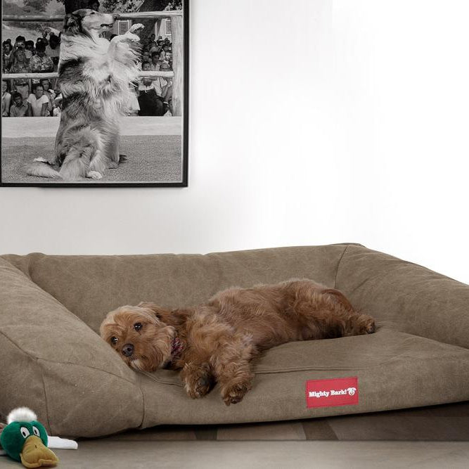 Mighty Bark, The Sofa, Ortopedinen Muistivaahtotäytteinen Koiran Sohvasänky, Kivipesty Denim-kangas Khaki