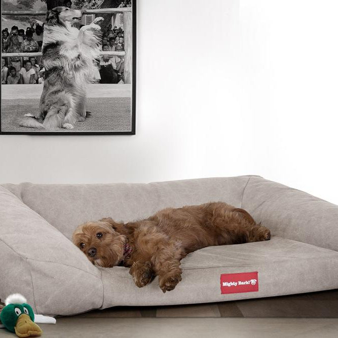 Mighty Bark, The Sofa, Ortopedinen Muistivaahtotäytteinen Koiran Sohvasänky, Kivipesty Denim-kangas Harmaa