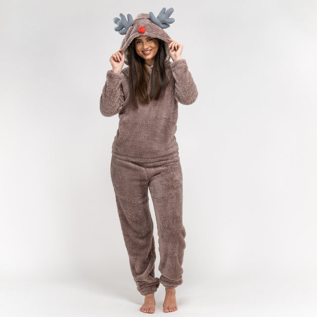 Naisten Kaksiosainen fleece-eläinpyjamasetti - Poro 01